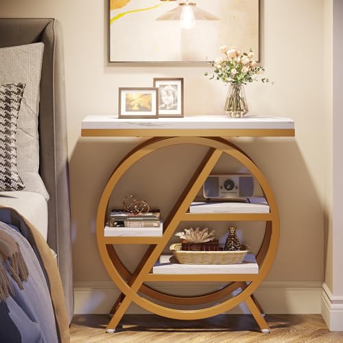 Tribesigns End Table for Living Room, 3-Tier Faux Marble Side Table with Storage, Wood Narrow Sofa Side Table with Geometric Metal Frame, Modern Nightstand and Bedside Table for Bedroom, Gold & White - color: White & Gold