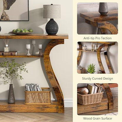 47" Wood Console Table for Entryway, Narrow Sofa Table with 3-Tier Shelves | Curved Legs Farmhouse Hallway Table, Skinny Console Table Behind Couch, Wooden Entry Table for Living Room Rustic Brown - color: Rustic Brown