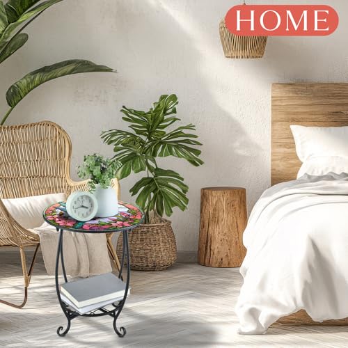 Cinnvoice Outdoor Side Table Round Small Mosaic Patio Accent Indoor End Plant Coffee Tea Table for Yard Patio Porch Garden Living Room, Bedroom(Hummingbird Style,14 Inch) - size: 14 Inch, style: Hummingbird Style
