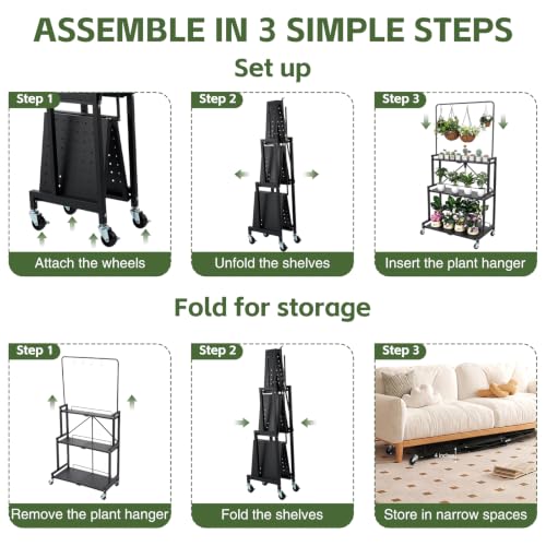 Foldable 4-Tier Plant Stand Indoor Outdoor Hanging Plant Shelf No Assembly Required Pot Placement Area With Wheels Sturdy Fall Prevention Storage Shelf Flower Pot Stand
