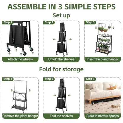 Foldable 4-Tier Plant Stand Indoor Outdoor Hanging Plant Shelf No Assembly Required Pot Placement Area With Wheels Sturdy Fall Prevention Storage Shelf Flower Pot Stand