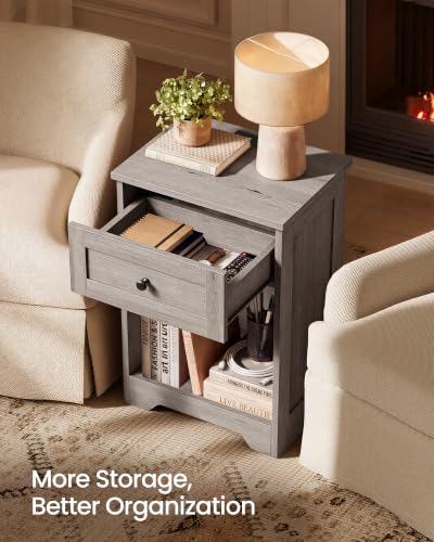 VASAGLE Traditional Basic Nightstand with Charging Station, Wood End Table with 1 Drawer and Open Shelf, 15.7 x 11.8 x 23.2 in, Washed Gray, for Bedroom, Siren Collection ULET828FD01S - color: Washed Gray, size: 2 pack
