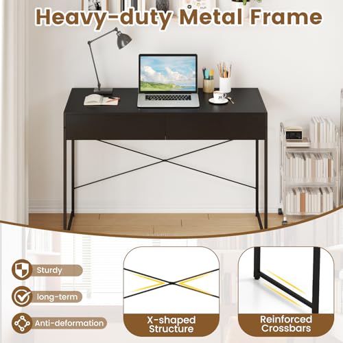 Giantex Computer Desk with 2 Drawers, 44 Inch Home Office Desk with Anti-Toppling Device & Metal Frame, Compact Laptop PC Table, Makeup Vanity Table, Modern Study Writing Desk for Small Spaces (Black) - color: Black