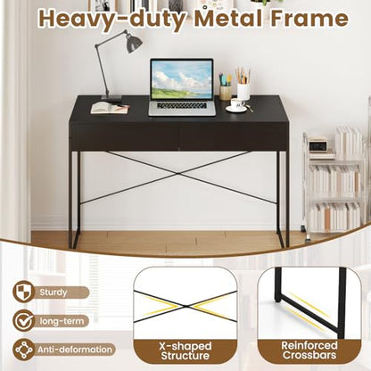 Giantex Computer Desk with 2 Drawers, 44 Inch Home Office Desk with Anti-Toppling Device & Metal Frame, Compact Laptop PC Table, Makeup Vanity Table, Modern Study Writing Desk for Small Spaces (Black) - color: Black
