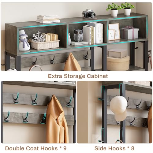 Itaar Hall Tree with Bench and Shoe Storage, 7-in-1 Entryway Bench with Coat Rack, 3 Storage Cubbies, 3 Open Shelves, 17 Coat Hooks, 2 Fabric Drawers (Oak Grey) - color: Oak Grey