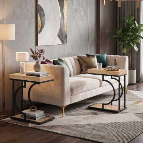 Tribesigns C Shaped Modern End Table for Coach with Metal Frame | Wood Grain, Small Side Table for Living Room, Nightstand for Bedroom, Light Brown&Black - color: Light Brown&black