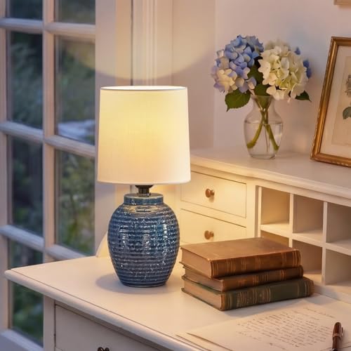 EJIAXIN Small Bedside Lamps -13.75" Farmhouse Table Lamps - Classic Ceramic Table Lamp for Bedroom, Living Room, Nightstand, Office, Side Desk Lamp, End Table - style: Coastal