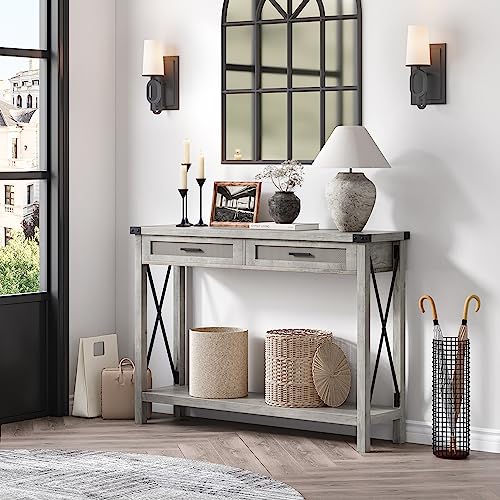 IDEALHOUSE Farmhouse Entryway Table, Grey Console Table with Rattan Drawers, 43" Sofa Table with Storage, Console Tables for Entryway, Living Room, Hallway, Foyer-Grey