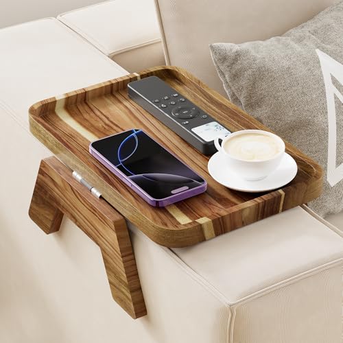 ZUJJAFY Couch Armrest Table, Acacia Wood Couch Arm Tray, Clip-On Sofa Arm Tray Table for Drink Eating Snacks Remote and Control