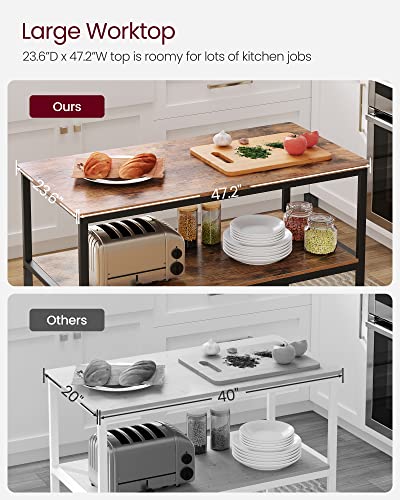 VASAGLE Kitchen Island with 3 Shelves, 47.2 Inches Width Kitchen Shelf with Large Worktop, Stable Steel Structure, Industrial, Easy to Assemble, Rustic Brown and Black UKKI01BX - color: Rustic Brown + Black, size: 47.2"W x 35.4"H, style: without Power Out