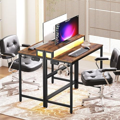 YATINEY Small Computer Desk with Charging Station and LED Lights, Gaming Desk with Monitor Stand, 2-Tier Home Office Desk with 4 Side Hooks, for Living Room, Home Office, Rustic Brown DN01UDBRY2 - color: Rustic Brown + Black