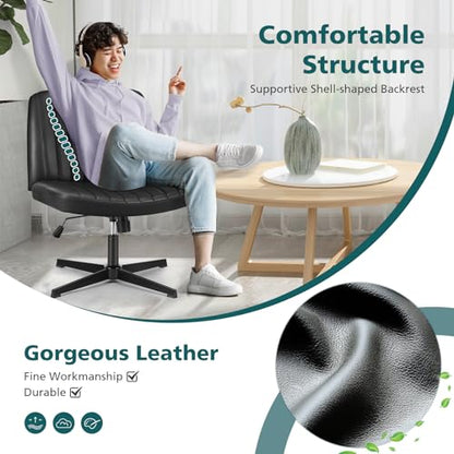 OLIXIS Criss Cross Chair, Vanity Chair, Home Office Desk | Armless No Wheels Wide Seat, Height Adjustable Swivel, Padded PU Leather, Bedroom Student Study, Black Dual Base - color: Black Dual Base