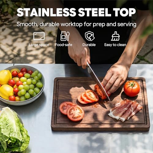Feasto Outdoor Kitchen Island with Cabinet, 74” x 24” Rolling Grill Table | Grill Table with Stainless Steel Top for Pizza Oven& Griddles, Movable Bar Cart with Pull-Out Plate for Parties & Gathering - size: Large
