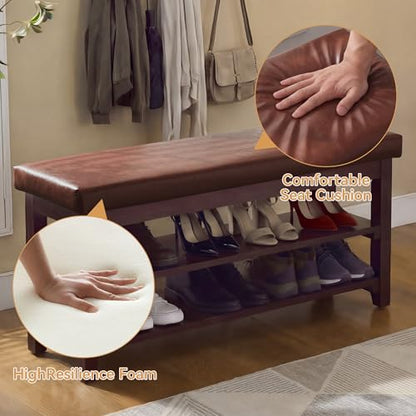 40" Faux Leather Shoe Storage Bench Entryway, Upholstered Bench with Leather Cushion, Solid Wooden 2 Tier Rack Shoe Organizer for Entry Way, Bedroom, Living Room, Dark Brown - color: Dark Brown