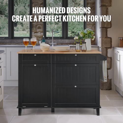 VEVOR Kitchen Island Cart, 50" Wood Top Breakfast Bar with Trash Cabinet Tilt Out 10 Gallon Storage, Farmhouse Dining Living Room Table with Drop Leaf, Towel Bar, Drawer, Black - size: 50"W (dropleaf)