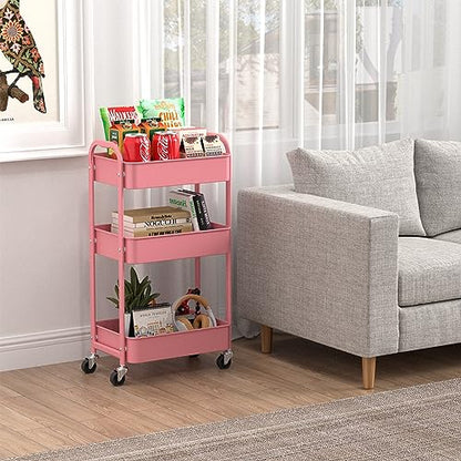 MAX Houser 3-Tier Rolling Utility Cart with Caster Wheels,Easy Assembly, for Kitchen, Bathroom (Pink) - color: Pink, size: 3-Tier Standard Cart