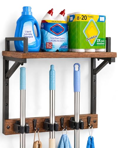 Lorbro Broom Holder Wall Mount with Cleaning Supplies Storage, Heavy Duty | 3 in 1 Broom and Mop Organizer Wall Hanging, Wooden Mop Organizer Hanger, Storage Shelves for Laundry Room, Garage - size: Medium