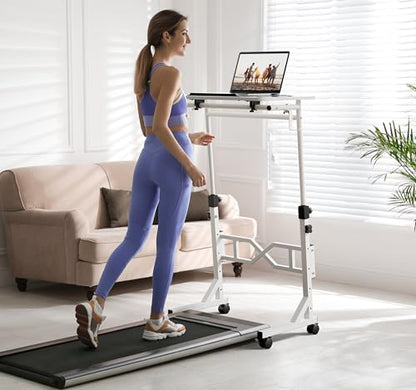 Oransail Small Standing Desk with Wheels, 29.5-45.3 Inch Adjustable Height, Portable Treadmill Desk, Rolling Computer Table for Walking Pad with a Cup Holder and a Hook - color: White