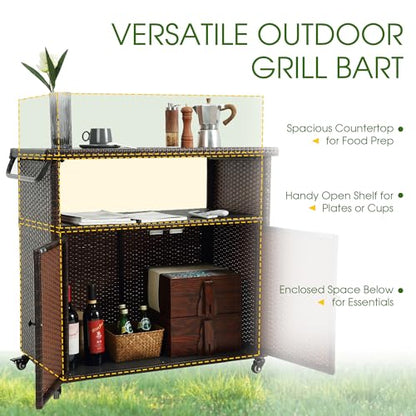HOMEFUN Outdoor Bar Cart with Storage Cabinet - Outside Bar Table with Wheels Wicker Grill Carts Patio Kitchen Island Table Weatherproof Prep Stand, Brown - color: 09-brown