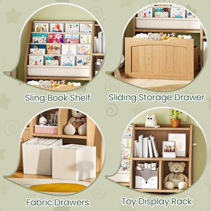 CHOEZON Kids Bookshelf, Children's Bookcase with 4 Sling Book Shelves, Toy Storage Cubby, Fabric Storage Baskets, Wooden Book Shelf for Kids' Room, Playroom, Nursery, Natural and White MCW17NL - color: Natural and White