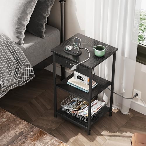 WLIVE Black End Table with Charging Station, Slim Night Stand with 3 Storage Shelves, Small Side Tables for Small Spaces, Bedside Tables for Living Room, Bedroom | Side Tables with Storage Adjustable Shelf for Small Spaces; Bedside Tables for Living Room,