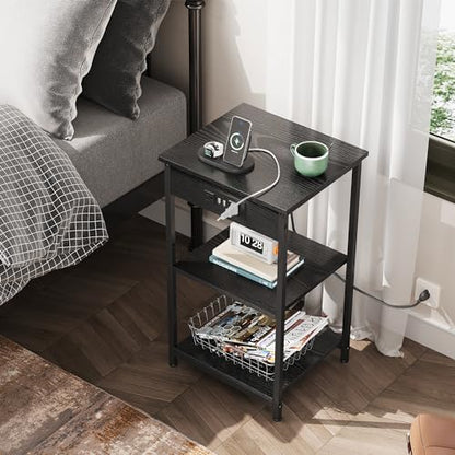 WLIVE Black End Table with Charging Station, Slim Night Stand with 3 Storage Shelves, Small Side Tables for Small Spaces, Bedside Tables for Living Room, Bedroom | Side Tables with Storage Adjustable Shelf for Small Spaces; Bedside Tables for Living Room,
