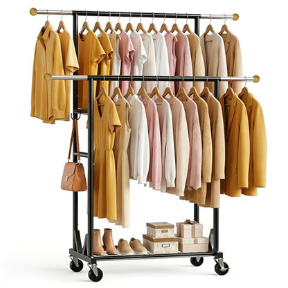 Rolling Garment Rack - Double Rod Clothes Rack with Lockable Casters, Mesh Storage Shelf & Anti-Slip Wooden Finials accented - Sleek Black Freestanding Closet Organizer for Coats, Dresses - color: 1-Tier (59.5 H")