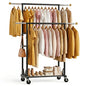 Rolling Garment Rack - Double Rod Clothes Rack with Lockable Casters, Mesh Storage Shelf & Anti-Slip Wooden Finials accented - Sleek Black Freestanding Closet Organizer for Coats, Dresses - color: 1-Tier (59.5 H")
