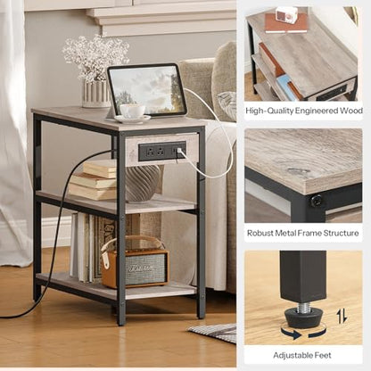 HOOBRO End Table with Charging Station, Side Table with 3 Tier Storage Shelf, Narrow Nightstand for Small Spaces, for Living Room, Bedroom, Easy Assembly, Greige and Black BG149UBZ01 - color: Greige + Black