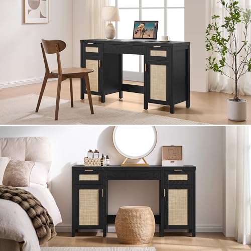 SICOTAS Rattan Vanity Home Office Desk with 3 Drawers, 52 Inch Vanity Table | Farmhouse Boho Makeup Vanity Dressing Table with Large Storage, Vanities Desk for Makeup Room, Bedroom, Office - size: 1 Piece, style: Black Oak