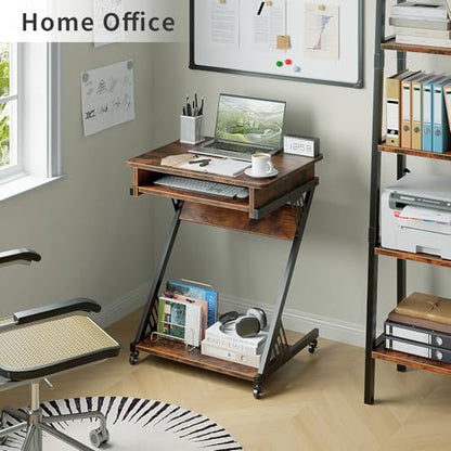 ALISENED Computer Desk for Small Spaces, 23.6" Z-Shaped Compact Study Table with Smooth Keyboard Tray with Wheels and Bottom Shelves for Home Office, Computer Cart Mobile Laptop Cart, Rustic Brown - color: Brown