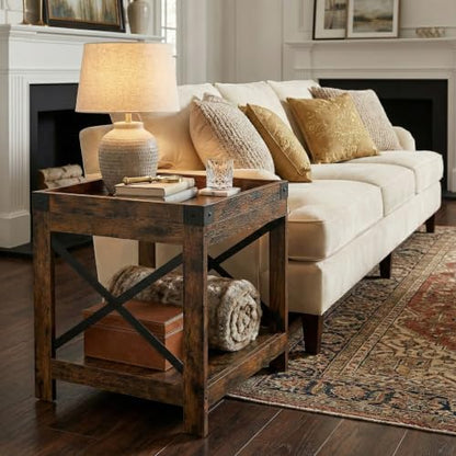 Farmhouse Square Side Table,2-Tier End Table with Storage Shelf | Modern Sofa Couch Table Bedside Nightstand With X-Frame for Living Room Bedroom Office Small spaces,Rustic Brown - color: Rustic Brown, style: Farmhouse