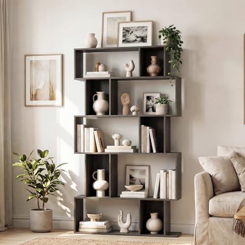 GOFLAME 5-Tier Geometric Bookshelf, 62” Tall Bookcase with 10 Open Back & Closed Back Cubes, Modern Display Book Shelf, S-Shaped Storage Organizer for Living Room, Home Office (1,Gray Oak) - color: Gray Oak