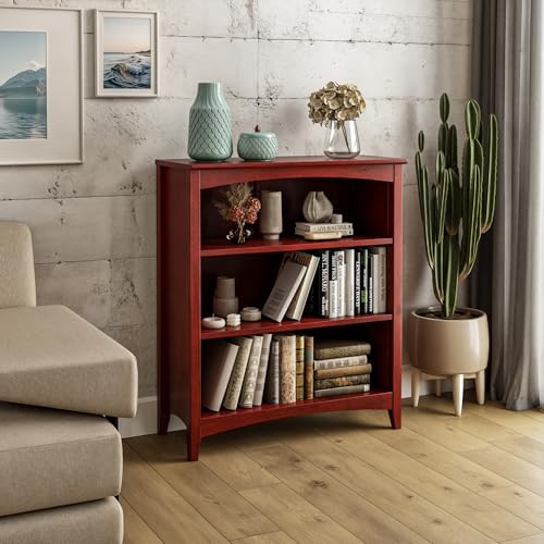 Camaflexi Shaker Style 3 Shelf Bookcase/Solid Wood / 36" High/Adjustable Shelving/Closed Back/Display Bookshelf for Living Room, Bedroom, Home and Office, Red Garnet Stain - color: Red Garnet Stain, size: 36"