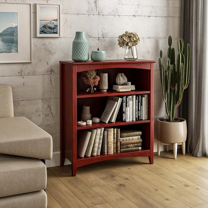 Camaflexi Shaker Style 3 Shelf Bookcase/Solid Wood / 36" High/Adjustable Shelving/Closed Back/Display Bookshelf for Living Room, Bedroom, Home and Office, Red Garnet Stain - color: Red Garnet Stain, size: 36"