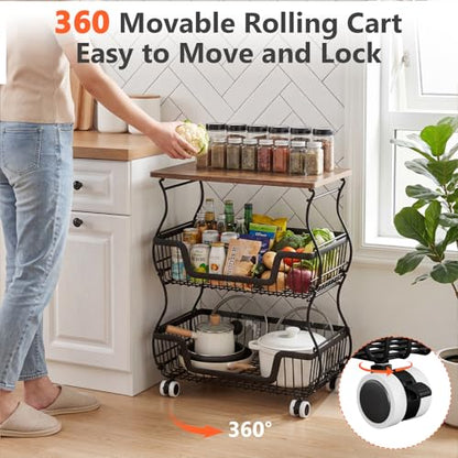 2 Pack 3-Tier Rolling Kitchen Storage Cart Fruit Basket Stand for Vegetables & Snacks Stackable Wire Pantry Floor Organizer with Wheels for Kitchen, Living Room, Bedroom, Office (Black) - size: 3-Tier 2 Pack