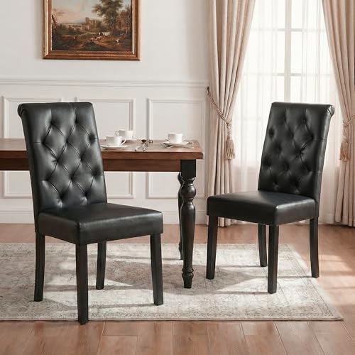 LSSBOUGHT Upholstered Dining Chairs Set of 2,Tufted Parsons Kitchen Chair with Solid Wood Legs, Modern PU Leather Side Chair for Dining Room/Restaurant(2pcs,Black) - color: Black-pu, size: Set of 2
