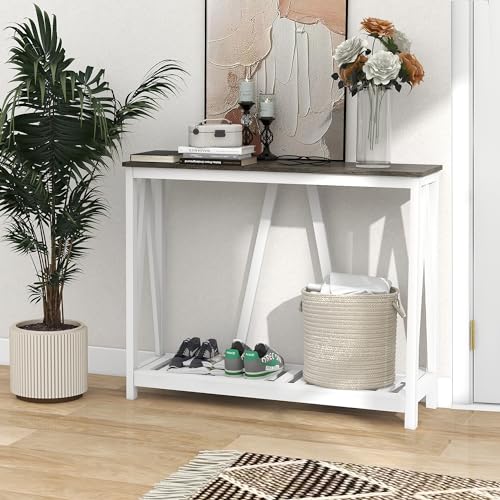 Farmhouse Console Table with Shelf, 39.3" Narrow Entryway Table, Dark Oak | Farmhouse Style Grey Oak Top White V‑Shape Frame Slat Shelf Storage 39.3" Narrow Anti‑Tip Legs sofa table - color: Dark Oak