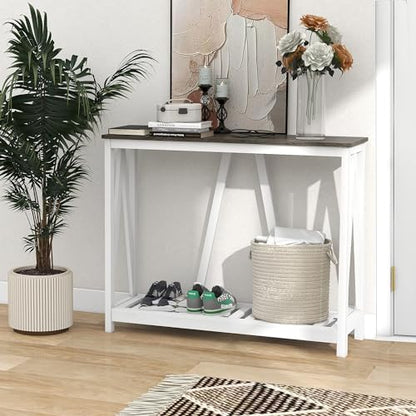 Farmhouse Console Table with Shelf, 39.3" Narrow Entryway Table, Dark Oak | Farmhouse Style Grey Oak Top White V‑Shape Frame Slat Shelf Storage 39.3" Narrow Anti‑Tip Legs sofa table - color: Dark Oak