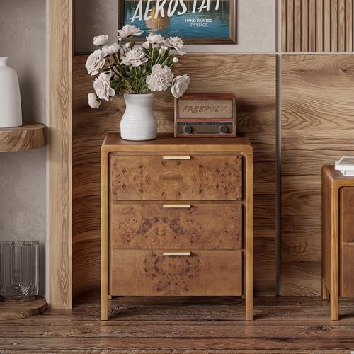 COZAYH Farmhouse Nightstand with 3 Drawer, Distressed Wood Rustic Accent Dresser, Burl Finish Bedside Table for Bedroom, Entryway, Fully Assembled, Brown - color: Dark Brown, size: 3 Drawer-No USB