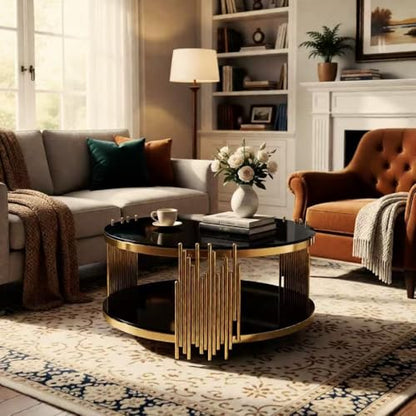 Black Glass Coffee Table, 2-Tier Round Tempered Glass with Gold Stainless Steel Frame, Modern Luxury Coffee Table for Living Room, Office, or Café - color: Coffee Table