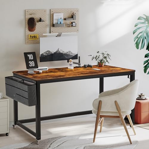 AHB 55" Rolling Computer Desk with 4 Smooth Wheels, Simple Style Mobile Writing Desk Home Office Study Table Movable Workstation with Metal Frame - color: Brown, size: 55"