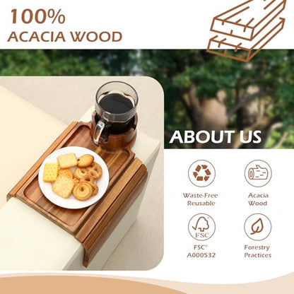 GHKINMAL Couch Cup Holder Tray, Acacia Wood Couch Armrest Table with 360° Ratated Phone Holder, 18.99" Flodable Anti-Slip Sofa Armrest Tray Tables for Snacks Remote Storage - color: Acacia Wood