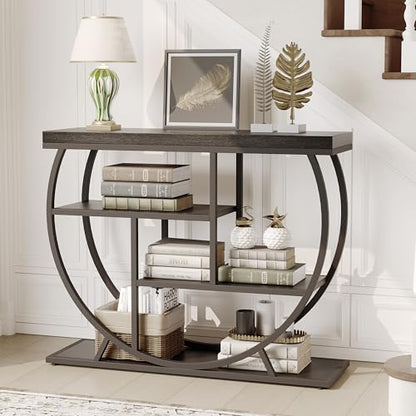 Garvee Entryway Table with Storage, Industrial 4-Tier Narrow Console Table Behind Couch with Half-Circle Base & Storage Shelves for Living Room, Hallway, Foyer - color: Black