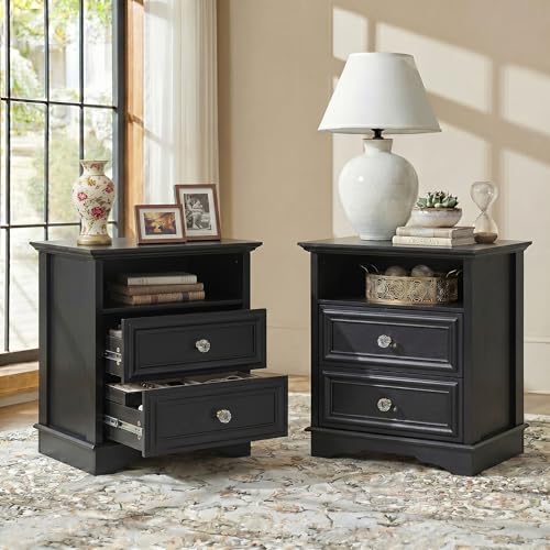XIAO WEI Black Night Stand Set of 2, Tall Nightstands with Hidden Drawers | Set of 2 with hidden drawers, 4 drawers and open shelves for bedside essentials and private storage - color: Black, size: 1SET