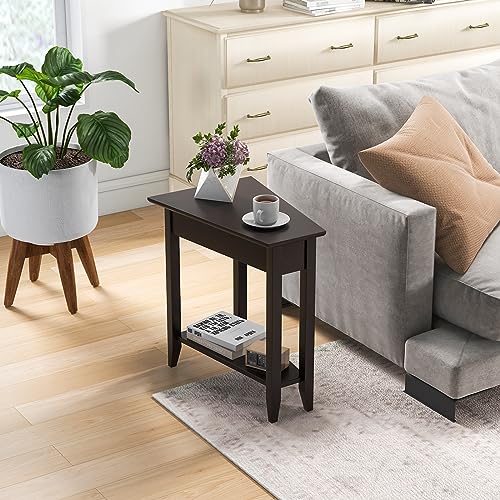 GIANTEX Wedge End Table, Triangle Side Table with Storage Shelf and Solid Wood Legs, Recliner Table, 24.5" Tall Nightstand, Modern Narrow Accent Table for Small Space Living Room, Espresso - color: Espresso