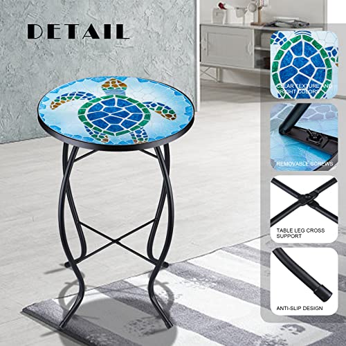 VCUTEKA Patio Side Table Outdoor Accent Table Bistro Coffee Table Plant End Table Small Porch Table Indoor Round Glass Balcony Plant Table Stands Sea Turtle 12'' - color: Sea Turtle