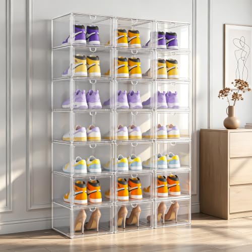 XL Shoe Boxes Clear Plastic Stackable, Extra Large Acylic Display Case, 5 Pack Drop Front Shoe Box with Magnetic Lid,Fit up to Size 15(5 PACK ACYLIC) - color: 5 PACK ACYLIC