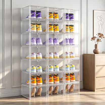 XL Shoe Boxes Clear Plastic Stackable, Extra Large Acylic Display Case, 5 Pack Drop Front Shoe Box with Magnetic Lid,Fit up to Size 15(5 PACK ACYLIC) - color: 5 PACK ACYLIC