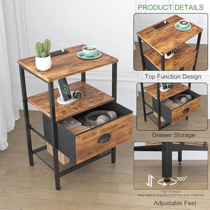 sthmec Nightstands Set of 2, LED Night Stands with Charging Station and Fabric Drawer, Bedside Tables with Drawers, 2- Tier LED Side Table End Table Charging Station Bedroom,Rustic Brown - color: Rustic Brown, style: Power & LED